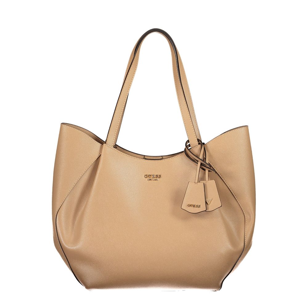 This Evening Pouch Handbag by Guess Jeans for women in polyurethane and beige presents a sculptural silhouette featuring a secure snap & zipper, ample , and versatile handle for a sculptural finish.