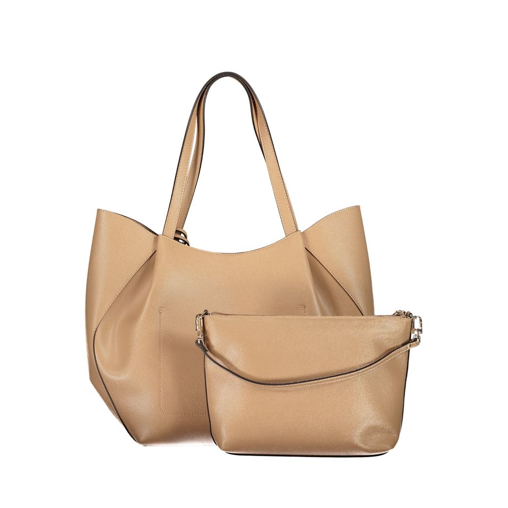 Evening Pouch Handbag by Guess Jeans for women in polyurethane beige features an refined silhouette, showcasing a secure snap & zipper, ample , and versatile handle for a sophisticated refined aesthetic.