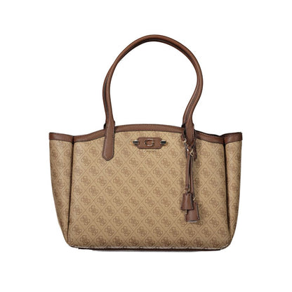 Handbag by Guess Jeans for women in polyurethane beige, signature-print & print features a refined silhouette, showcasing a secure zipper, organized external-pockets & internal-pockets, and versatile handle for a refined finish.