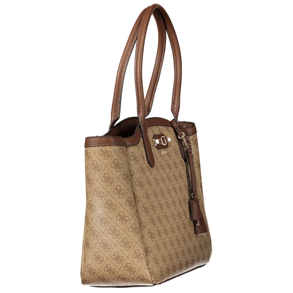 Handbag by Guess Jeans for women in polyurethane beige, signature-print & print features a signature silhouette, showcasing a secure zipper and signature external-pockets & internal-pockets with versatile handle for a sophisticated look.