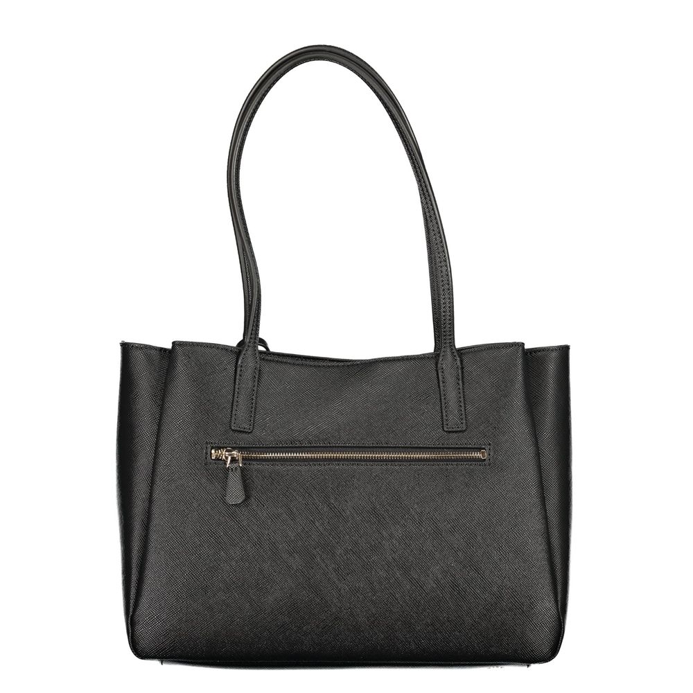 This Handbag by Guess Jeans for women in polyurethane and black presents a sculptural silhouette featuring a secure snap & zipper, ample built-in-compartments, document-holder, external-pockets & laptop-compartment, and versatile handle for a sculptural finish.
