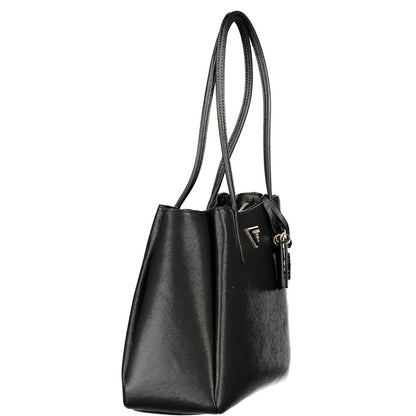 Handbag by Guess Jeans for women in polyurethane black features an refined silhouette, showcasing a secure snap & zipper, ample built-in-compartments, document-holder, external-pockets & laptop-compartment, and versatile handle for a sophisticated refined aesthetic.