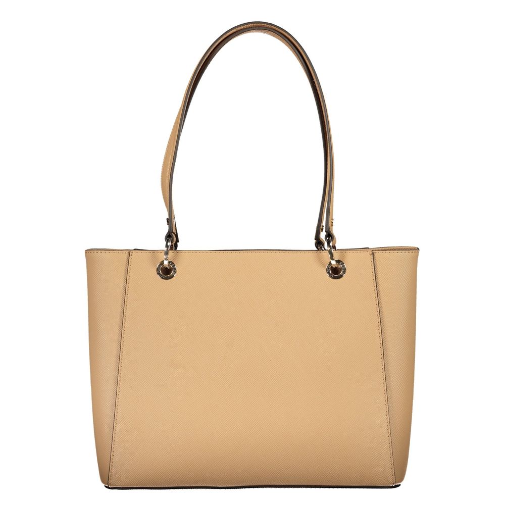 This Handbag by Guess Jeans for women in polyurethane and beige presents a sculptural silhouette featuring a secure zipper, ample built-in-compartments, external-pockets & internal-pockets, and versatile handle for a sculptural finish.
