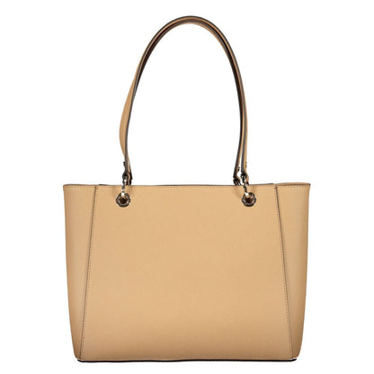 This Handbag by Guess Jeans for women in polyurethane and beige presents a sculptural silhouette featuring a secure zipper, ample built-in-compartments, external-pockets & internal-pockets, and versatile handle for a sculptural finish.