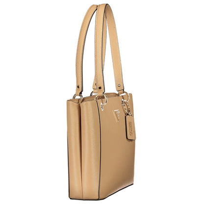Handbag by Guess Jeans for women in polyurethane beige features a signature silhouette, showcasing a secure zipper and signature built-in-compartments, external-pockets & internal-pockets with versatile handle for a sophisticated look.