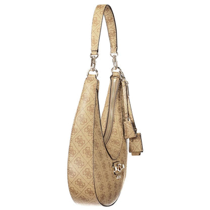 Handbag by Guess Jeans for women in polyurethane beige features a ornamental silhouette, showcasing a secure zipper, ample internal-pockets & cardholder, and ornamental detachable-strap & handle for a sophisticated look.