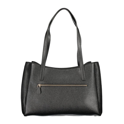 Handbag by Guess Jeans for women in polyurethane black features a ornamental silhouette, showcasing a secure snap & zipper, ample built-in-compartments & document-holder, and ornamental handle for a sophisticated look.