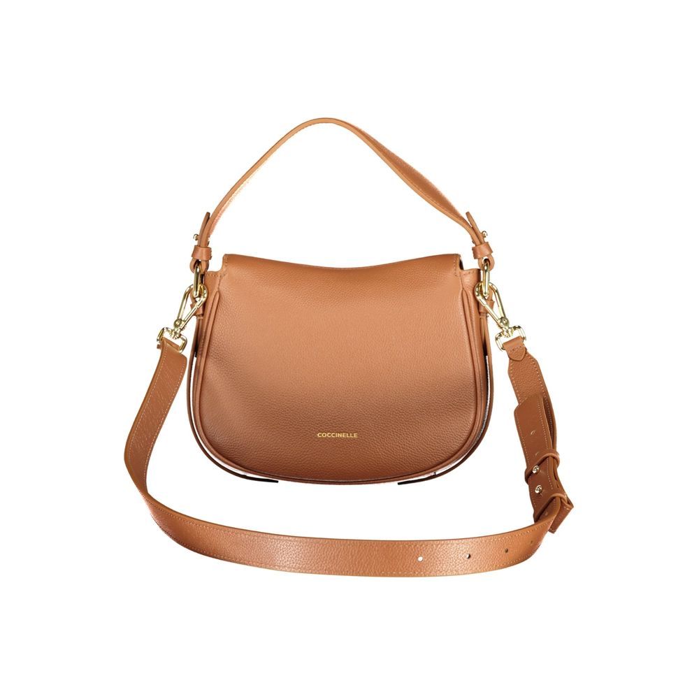 Handbag by Coccinelle for women in leather brown features a signature silhouette, showcasing a secure magnetic and signature built-in-compartments with versatile shoulder-strap, handle, adjustable-strap & detachable-strap for a sophisticated look.