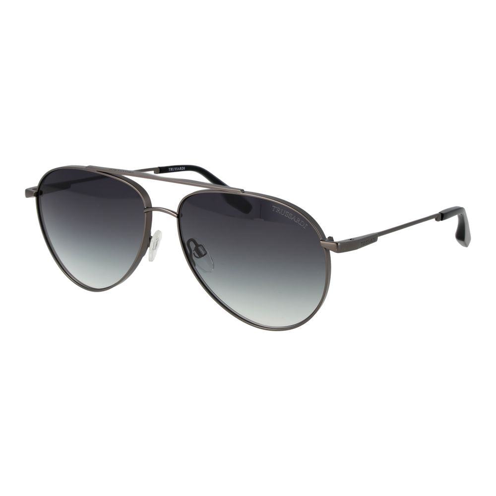 Sunglasses by Trussardi for men in stainless steel gray features an ethereal aviator full-rim frame design with gunmetal coloured frame frames and gradient category-3-dark-tint lens for a ethereal finish.