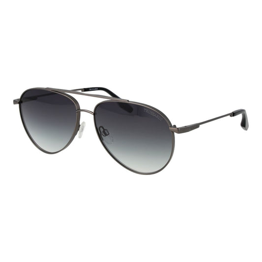 Sunglasses by Trussardi for men in stainless steel gray features an ethereal aviator full-rim frame design with gunmetal coloured frame frames and gradient category-3-dark-tint lens for a ethereal finish.