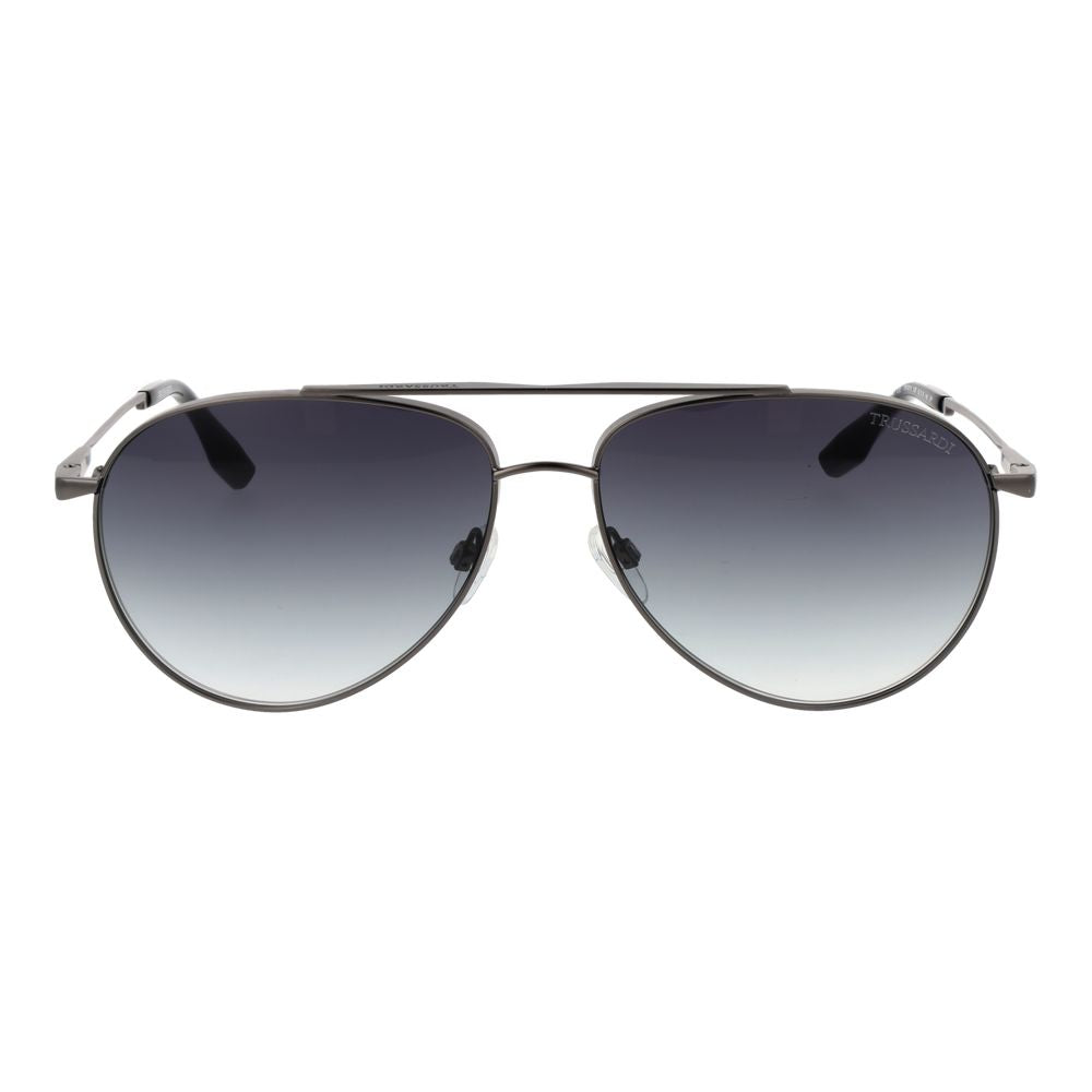 Sunglasses by Trussardi for men in stainless steel and gray featuring an opulent aviator full-rim frame design with a sophisticated gunmetal coloured frame finish and high-performance gradient category-3-dark-tint lens.