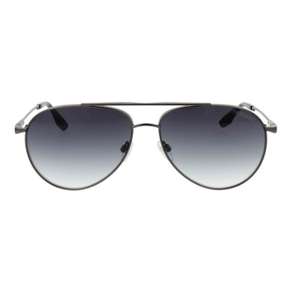 Sunglasses by Trussardi for men in stainless steel and gray featuring an opulent aviator full-rim frame design with a sophisticated gunmetal coloured frame finish and high-performance gradient category-3-dark-tint lens.