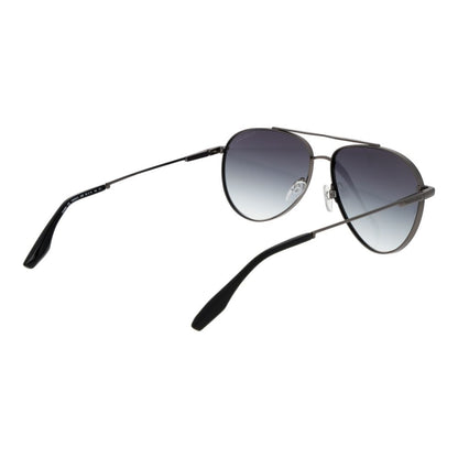 Sunglasses by Trussardi for men in stainless steel gray features a sumptuous silhouette, showcasing a sumptuous aviator full-rim frame design in gunmetal coloured frame with high-performance gradient category-3-dark-tint lens.