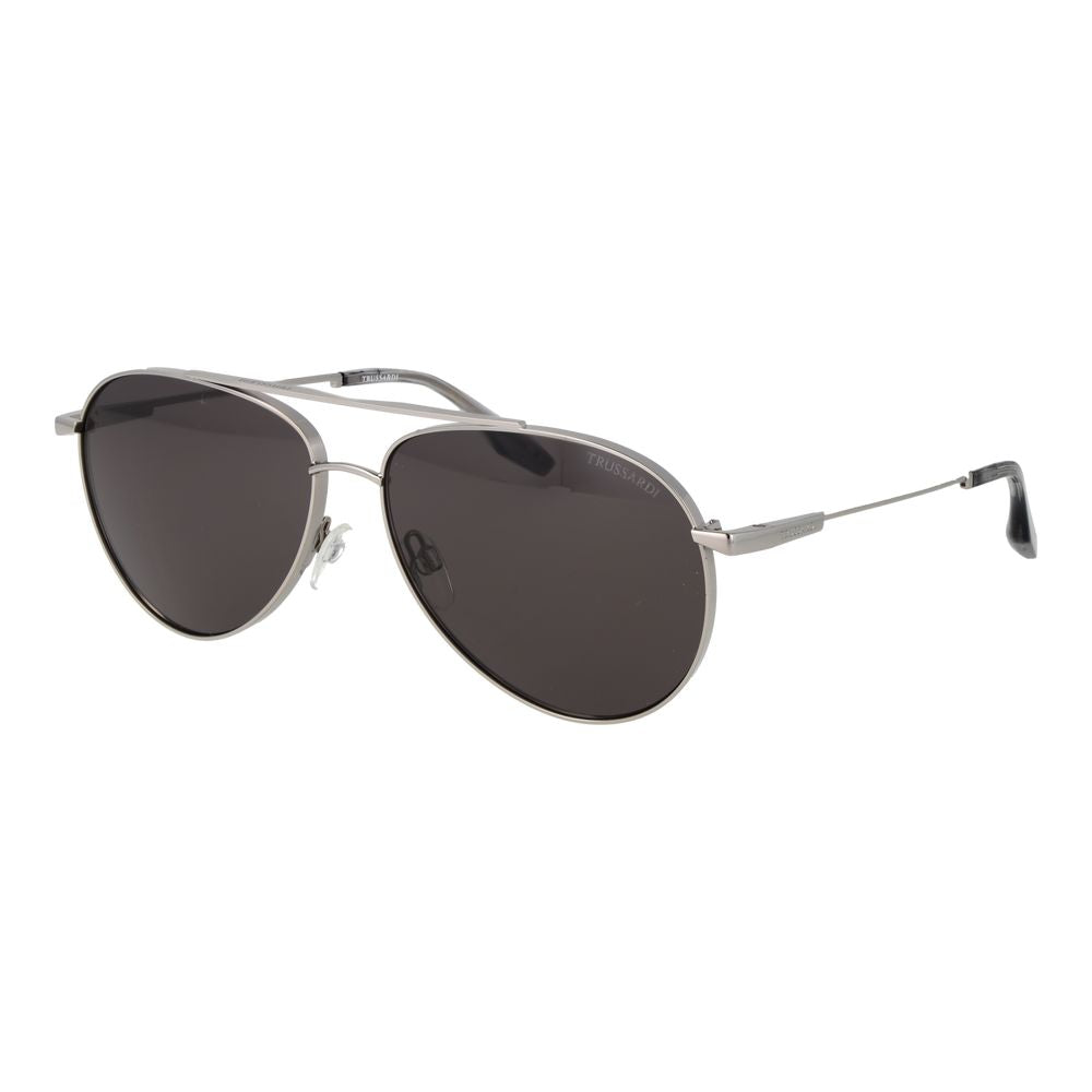 Sunglasses by Trussardi for men in stainless steel silver showcases a ethereal silhouette, featuring silver coloured frame aviator full-rim frame design with non-polarized category-3-dark-tint lens for a ethereal finish.