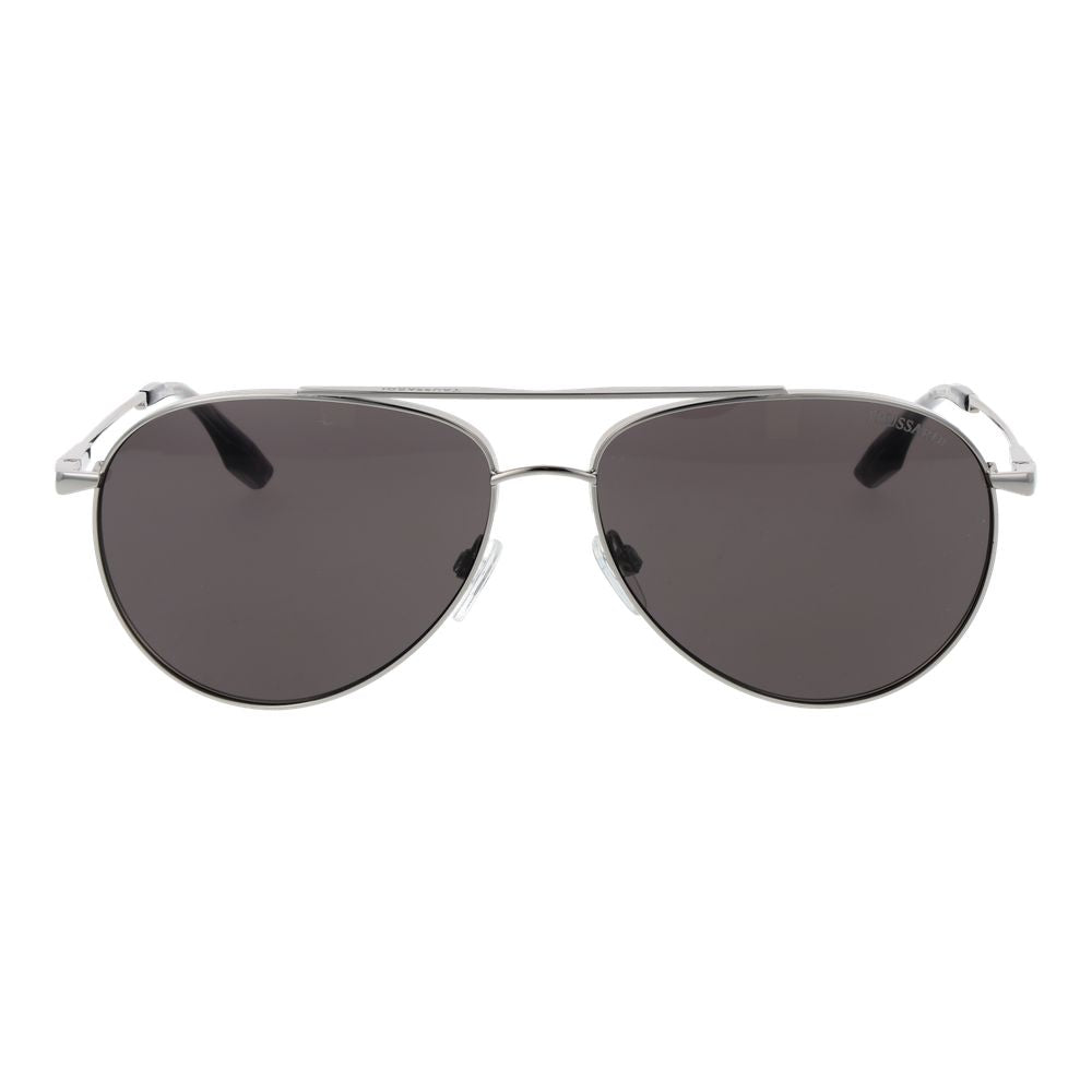 Sunglasses by Trussardi for men in stainless steel and silver presents a sumptuous silhouette, featuring silver coloured frame and aviator full-rim frame design with non-polarized category-3-dark-tint lens for a sumptuous look.