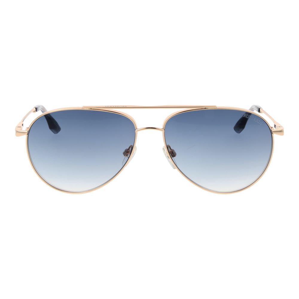 Sunglasses by Trussardi for men in stainless steel and gold featuring an opulent aviator full-rim frame design with a sophisticated gold coloured frame finish and high-performance gradient category-2-medium-tint lens.