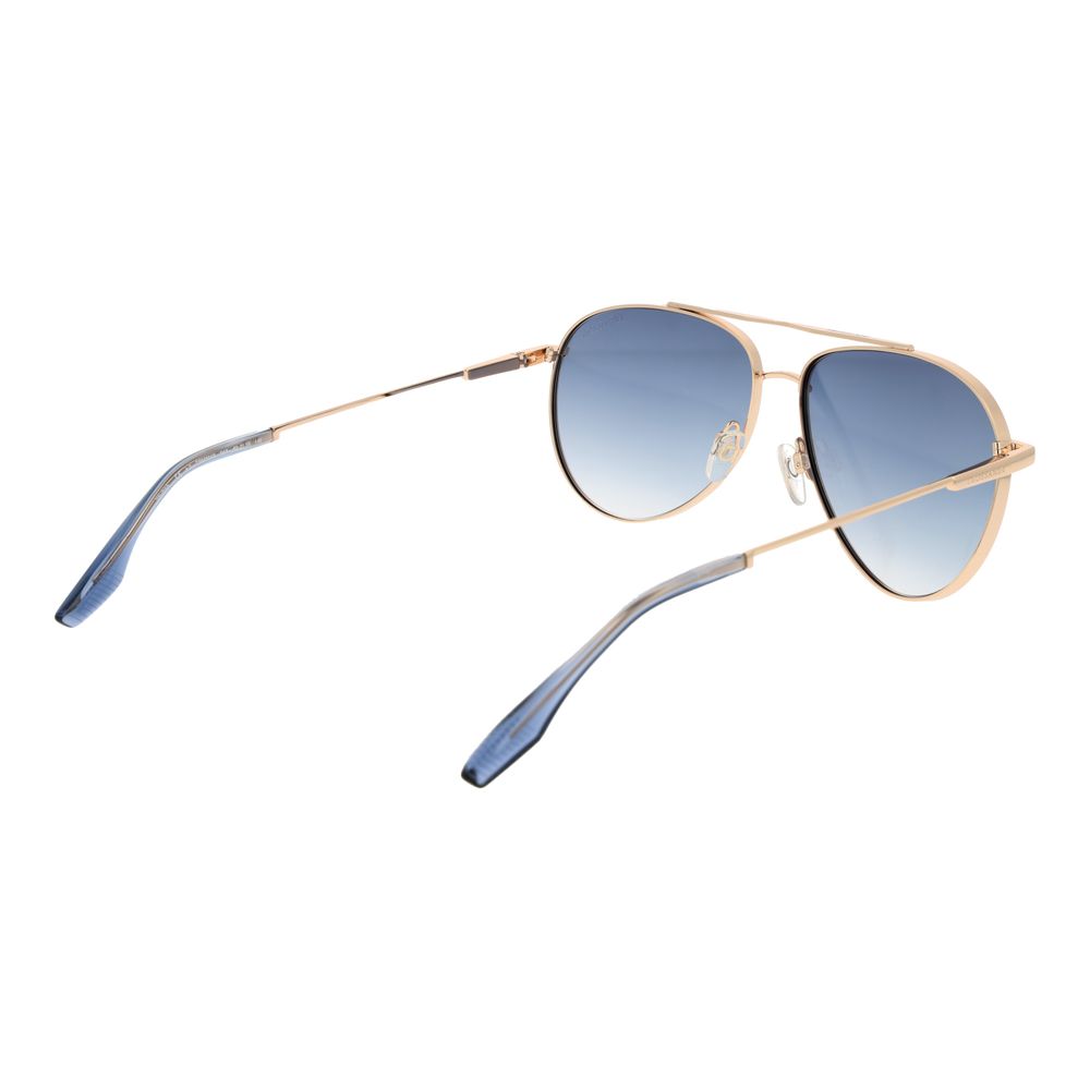 This Sunglasses by Trussardi for men in stainless steel gold presents a sumptuous silhouette, showcasing a sumptuous aviator full-rim frame design in gold coloured frame and high-performance gradient category-2-medium-tint lens.