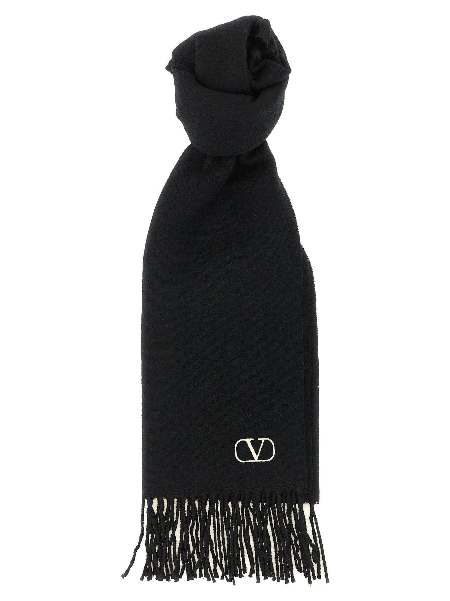 Scarf by Valentino Garavani for men in cashmere bicolour, black, white & signature showcases a eye catching silhouette, artfully capturing the essence of the eye catching Icon V Logo Cashmere Shawl Stole Fringes Scarf design for a sophisticated look.