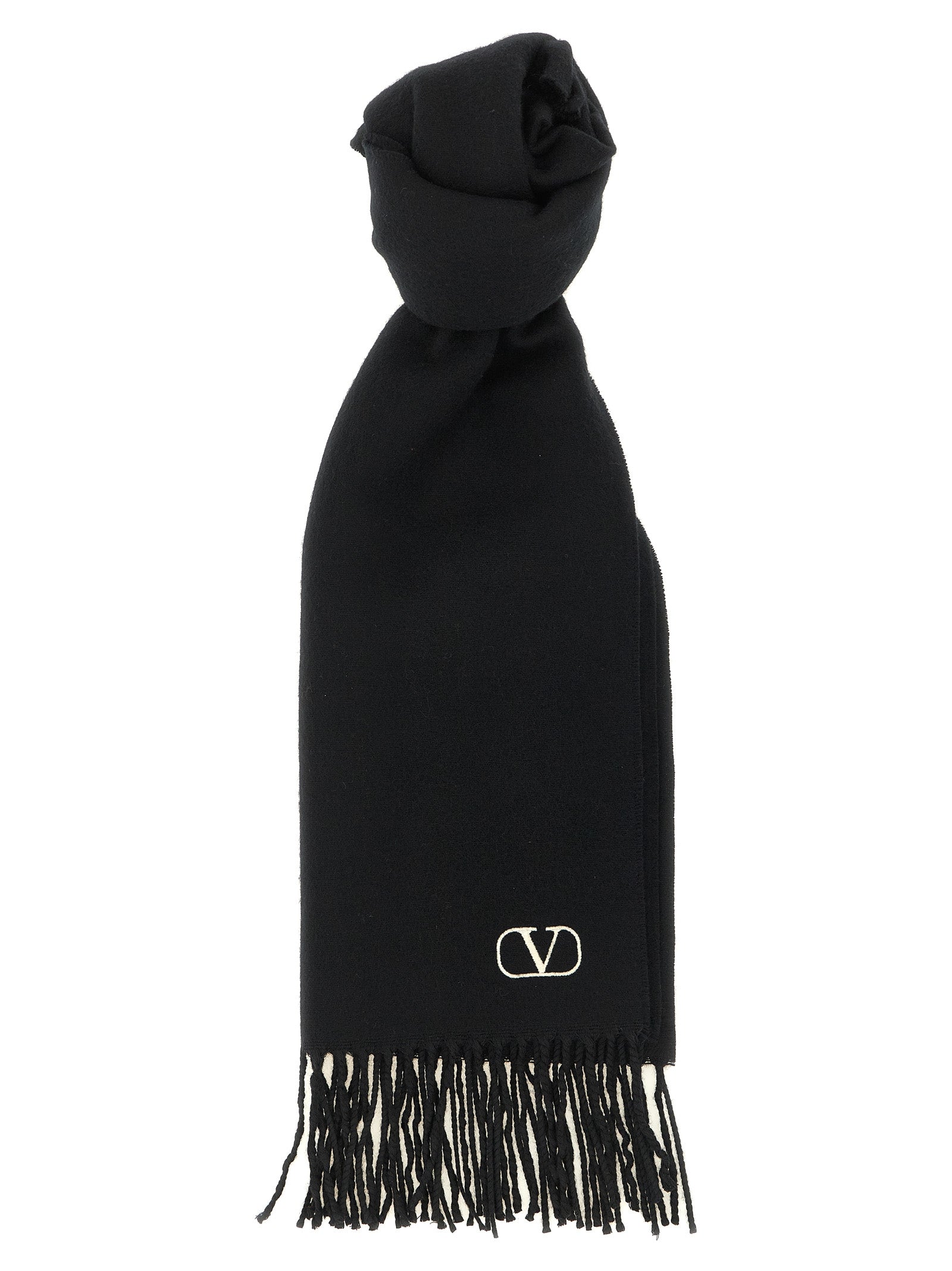 Scarf by Valentino Garavani for men in cashmere bicolour, black, white & signature showcases a eye catching silhouette, artfully capturing the essence of the eye catching Icon V Logo Cashmere Shawl Stole Fringes Scarf design for a sophisticated look.