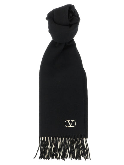 Scarf by Valentino Garavani for men in cashmere bicolour, black, white & signature showcases a eye catching silhouette, artfully capturing the essence of the eye catching Icon V Logo Cashmere Shawl Stole Fringes Scarf design for a sophisticated look.