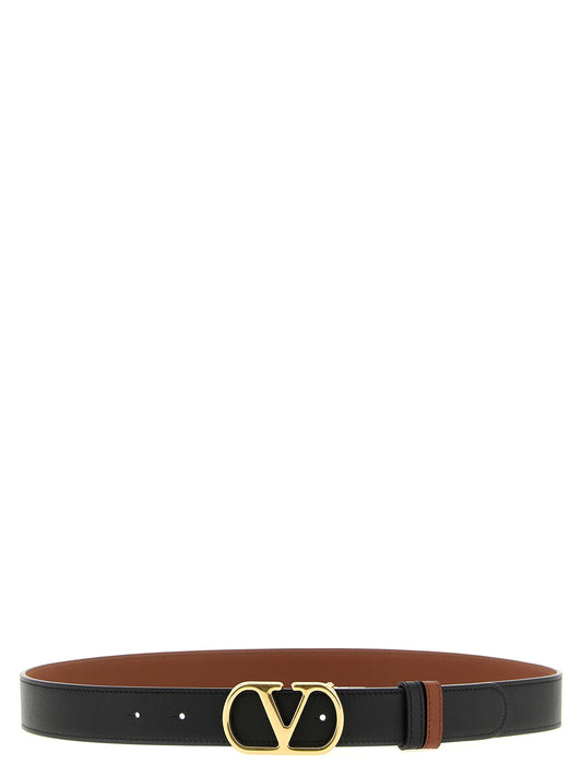 Belt by Valentino Garavani for men in calfskin leather black, brown, gold & signature features an artisanal finish, elegantly showcasing the signature style and artisanal craftsmanship of the V Logo Calfskin Leather Belt design.