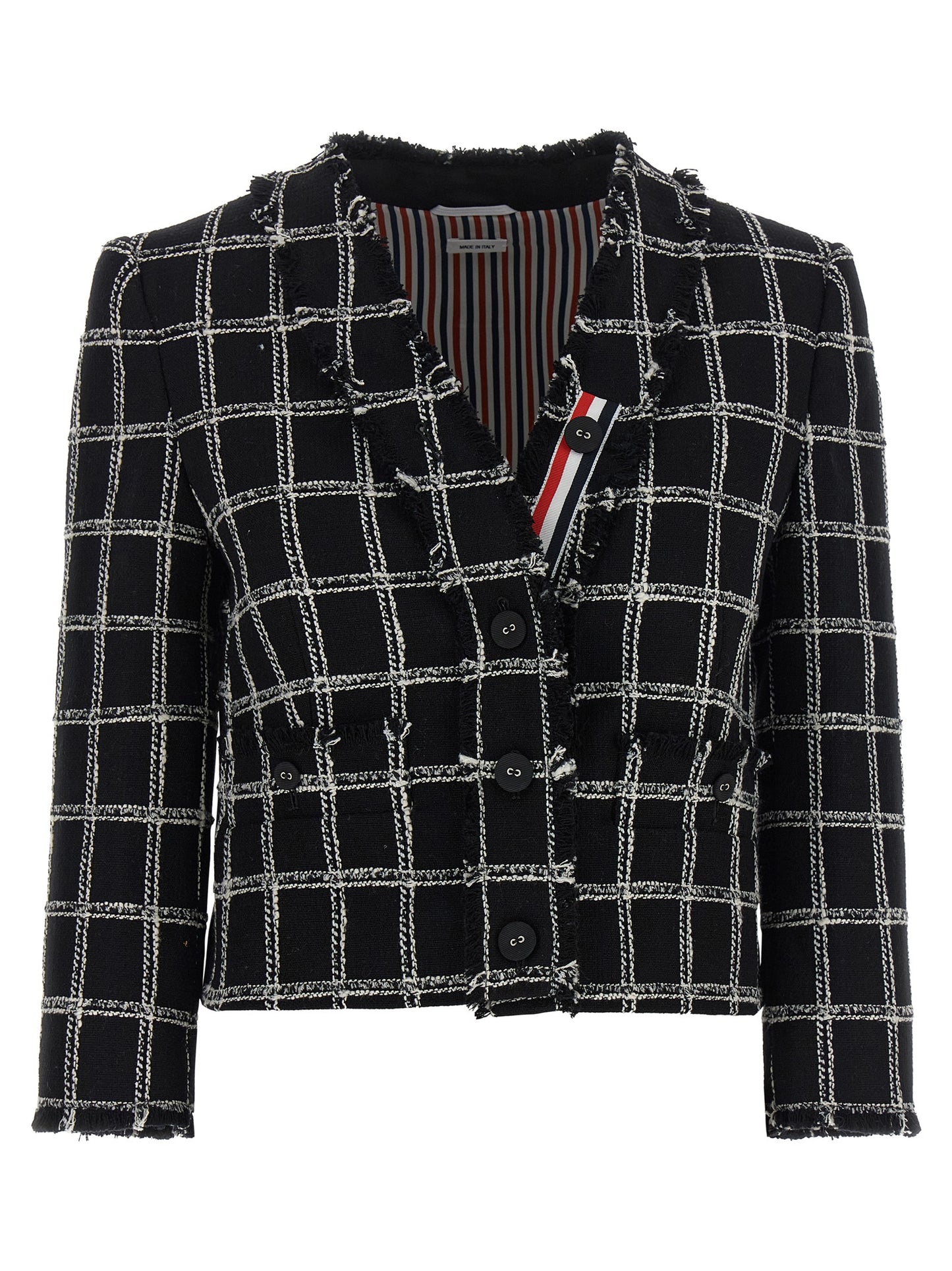 Blazer by Thom Browne for women in polyester cotton wool multicolor, patterned & striped presents a distinguished silhouette, detailed with a distinguished v-neck neckline and distinctive for a truly sophisticated finish.