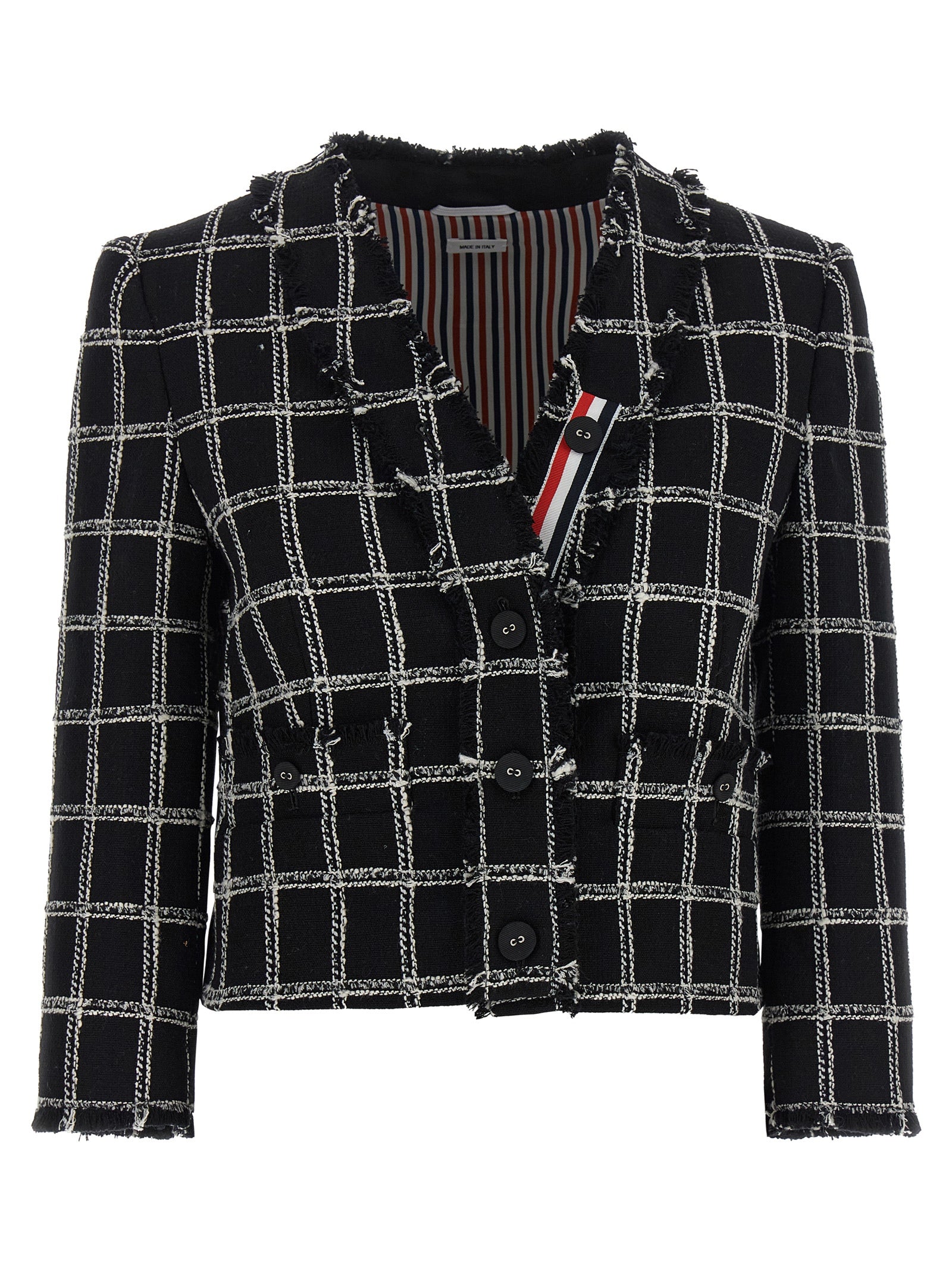 Blazer by Thom Browne for women in polyester cotton wool multicolor, patterned & striped presents a distinguished silhouette, detailed with a distinguished v-neck neckline and distinctive for a truly sophisticated finish.