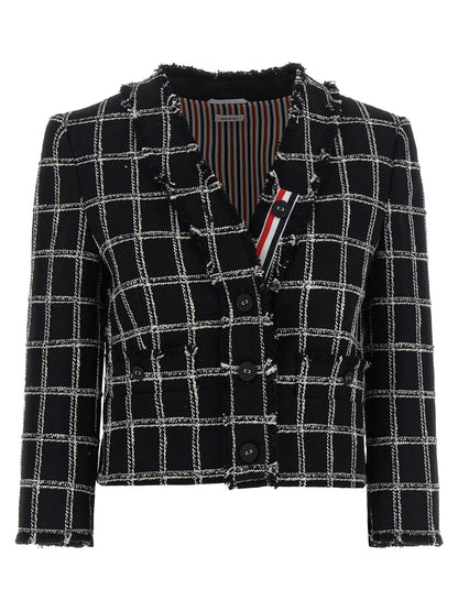 Blazer by Thom Browne for women in polyester cotton wool multicolor, patterned & striped presents a distinguished silhouette, detailed with a distinguished v-neck neckline and distinctive for a truly sophisticated finish.
