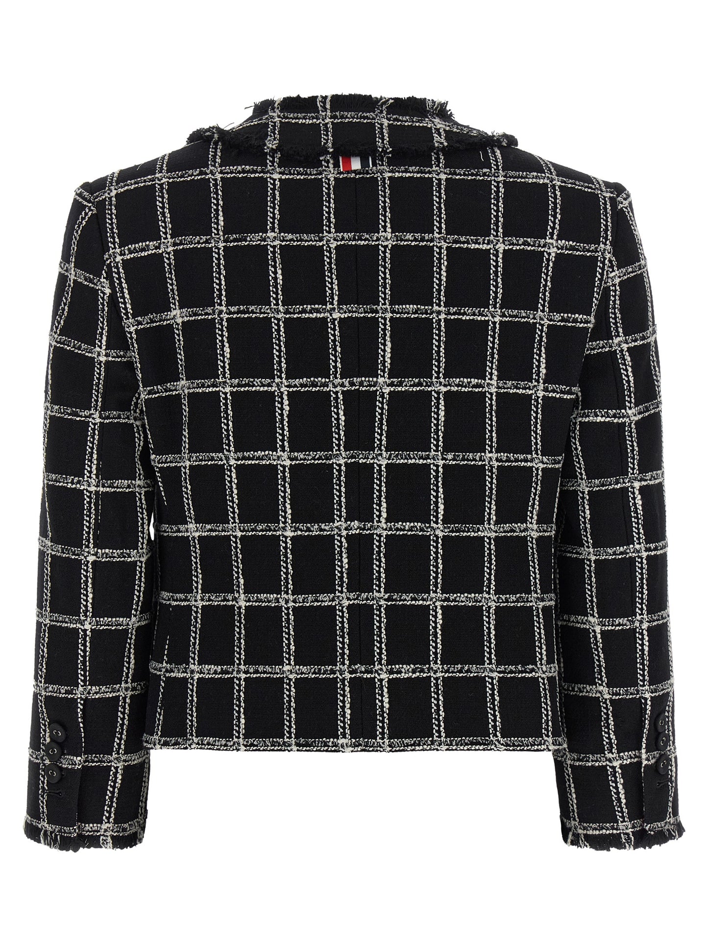 Blazer by Thom Browne for women in polyester cotton wool multicolor, patterned & striped features an sartorial silhouette, showcasing a sophisticated v-neck neckline and sartorial for a truly sartorial finish.