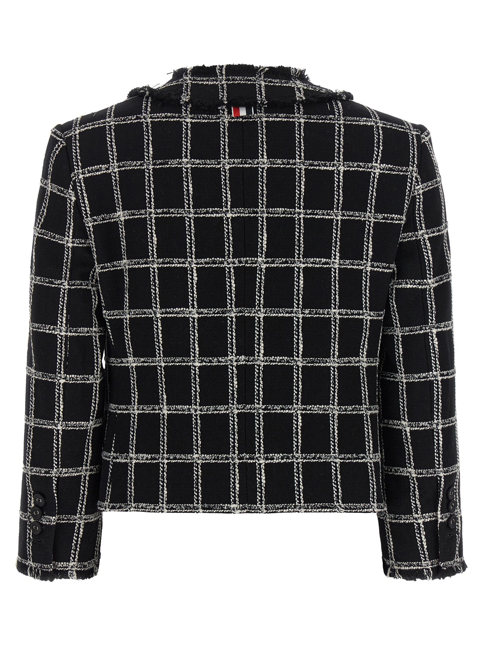 Blazer by Thom Browne for women in polyester cotton wool multicolor, patterned & striped features an sartorial silhouette, showcasing a sophisticated v-neck neckline and sartorial for a truly sartorial finish.