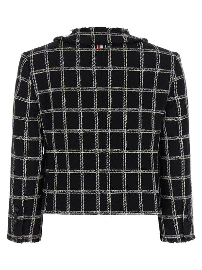 Blazer by Thom Browne for women in polyester cotton wool multicolor, patterned & striped features an sartorial silhouette, showcasing a sophisticated v-neck neckline and sartorial for a truly sartorial finish.