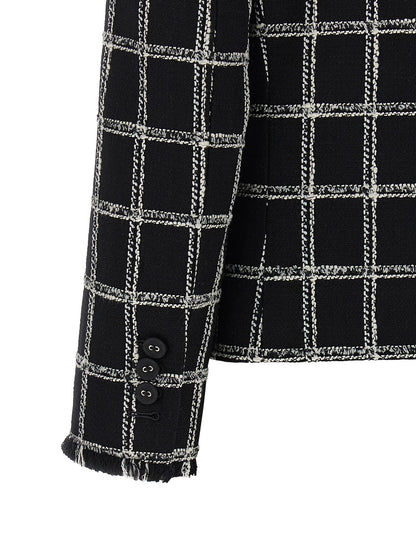 Blazer by Thom Browne for women in polyester cotton wool multicolor, patterned & striped showcases a discerning silhouette, elegantly detailed with a sophisticated and premium for a truly discerning finish.