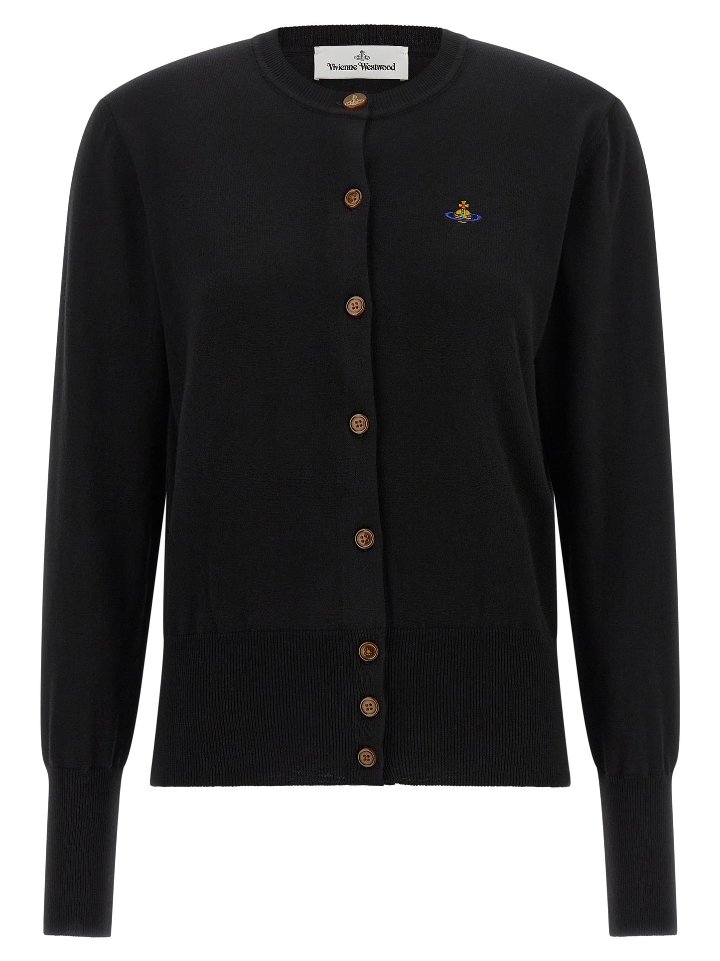 Cardigan by Vivienne Westwood for women in cashmere cotton blend amber & black features a nuanced silhouette with a refined wrap neckline and nuanced detailing for a sophisticated look.