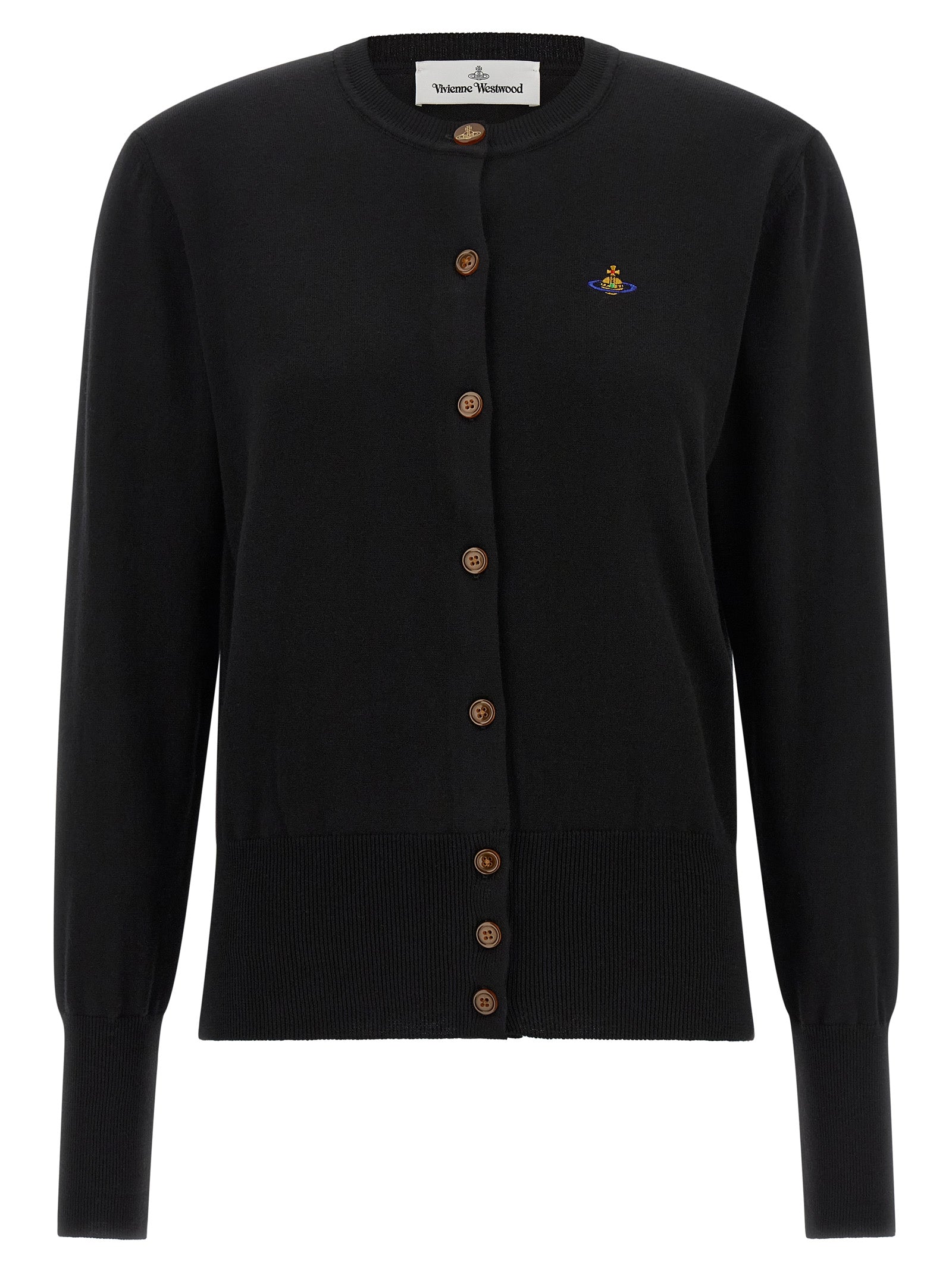 Cardigan by Vivienne Westwood for women in cashmere cotton blend amber & black features a nuanced silhouette with a refined wrap neckline and nuanced detailing for a sophisticated look.