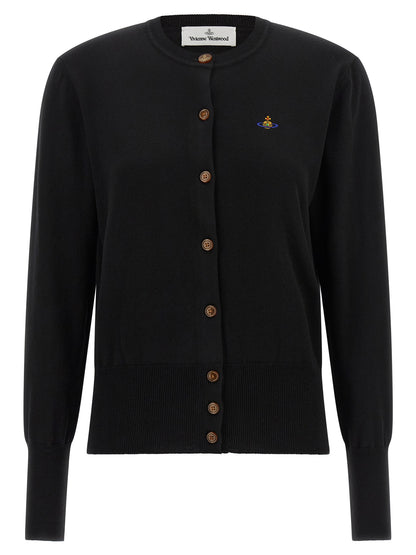 Cardigan by Vivienne Westwood for women in cashmere cotton blend amber & black features a nuanced silhouette with a refined wrap neckline and nuanced detailing for a sophisticated look.