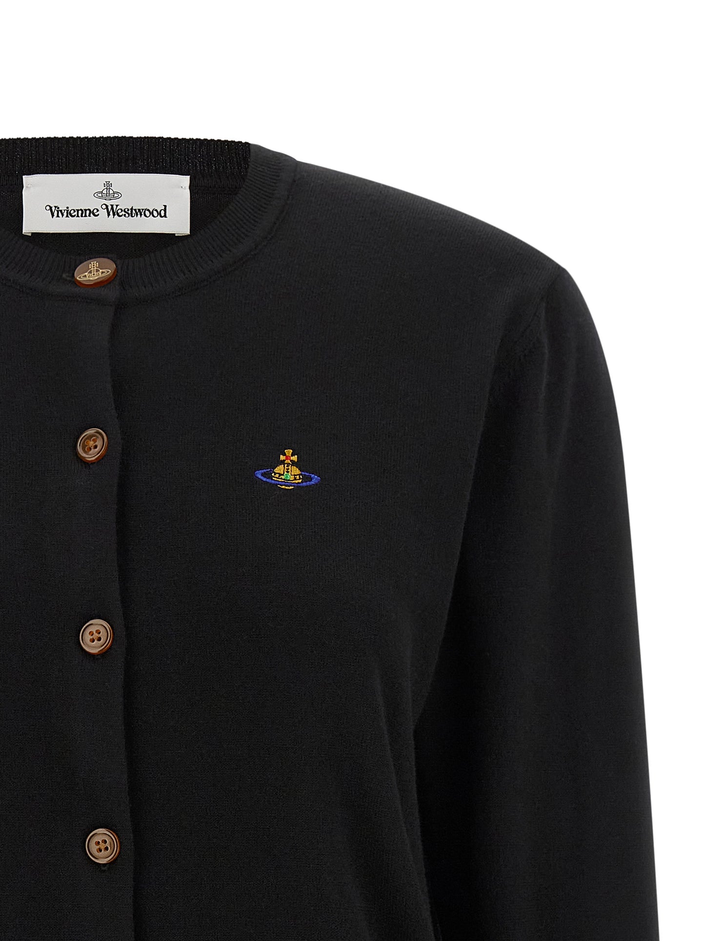 Cardigan by Vivienne Westwood for women in cashmere cotton blend amber & black presents a textural silhouette, artfully finished with a textural wrap neckline and for a sophisticated, textural look.