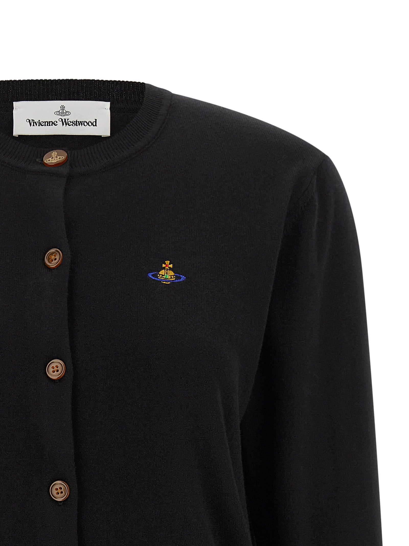Cardigan by Vivienne Westwood for women in cashmere cotton blend amber & black presents a textural silhouette, artfully finished with a textural wrap neckline and for a sophisticated, textural look.