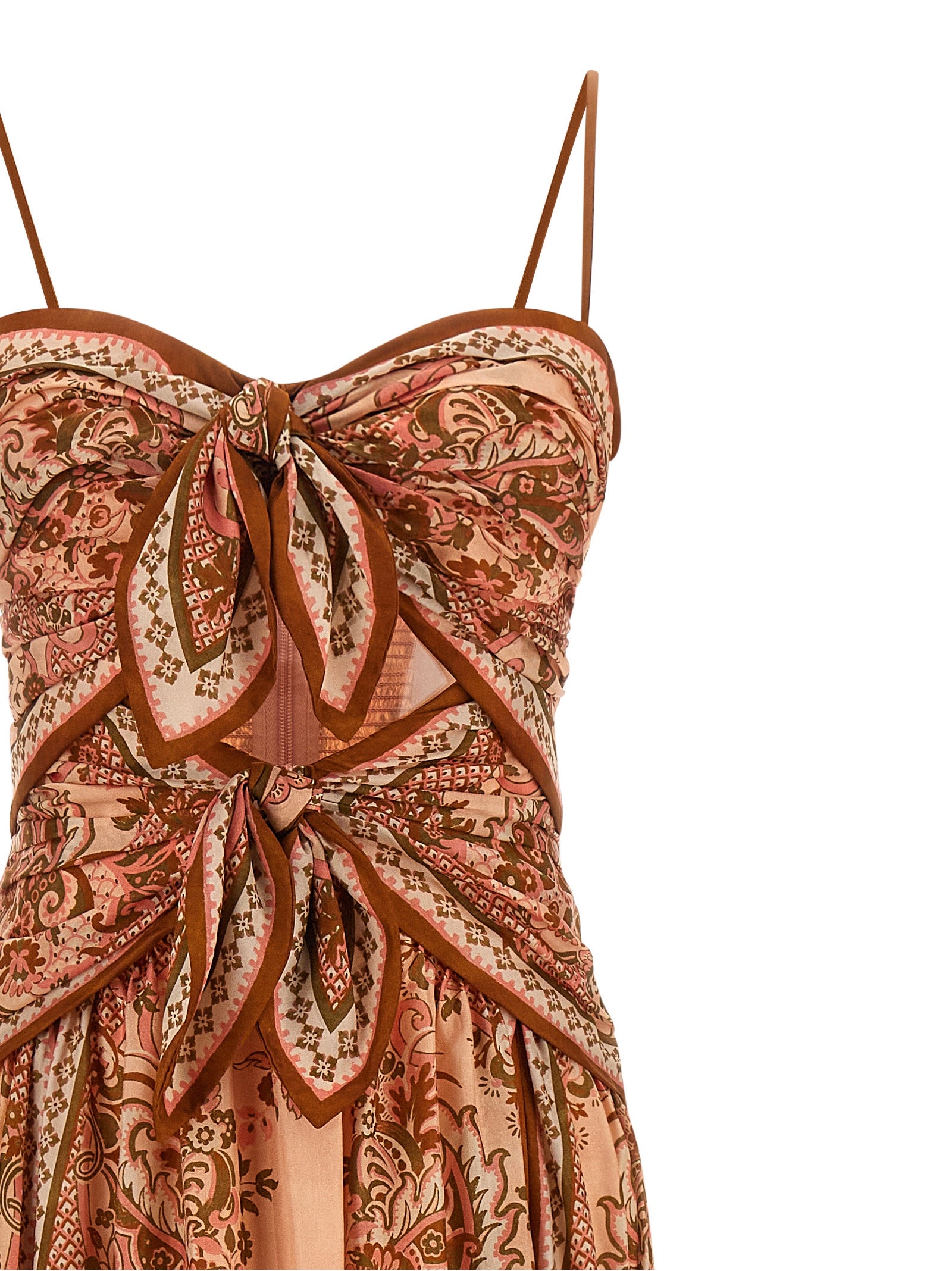 Dress by Zimmermann for women in silk multicolor, pink, paisley & print showcases a striking silhouette, elegantly detailed with a , refined , and a striking midi for a striking finish.