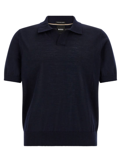 Polo Shirt by Hugo Boss for men in virgin wool dark-blue showcases a sharp silhouette, detailed with a refined and sharp for a sophisticated finish.