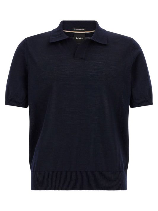 Polo Shirt by Hugo Boss for men in virgin wool dark-blue showcases a sharp silhouette, detailed with a refined and sharp for a sophisticated finish.
