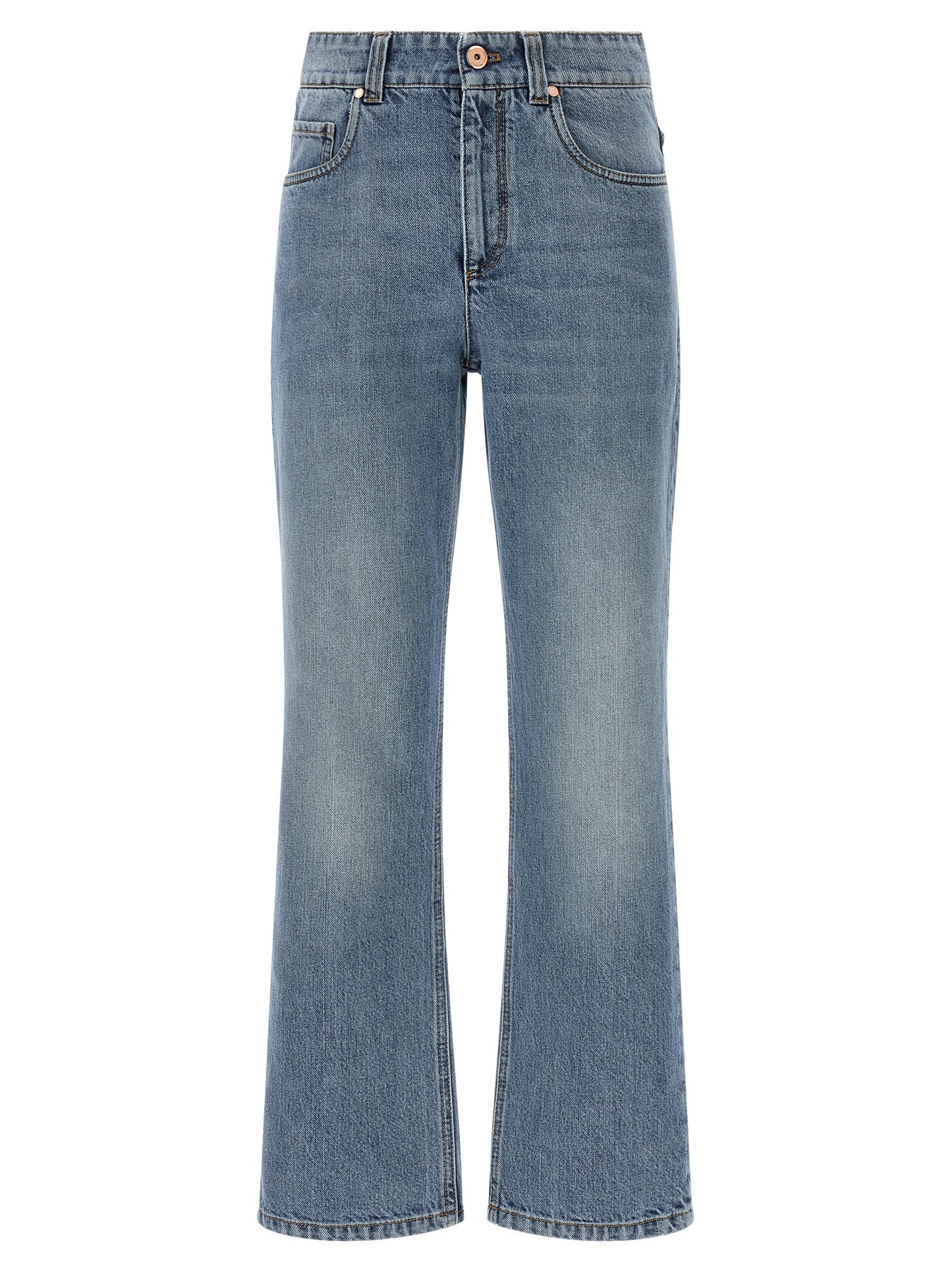 Jeans by Brunello Cucinelli for women in stretch cotton denim & leather blue, brown & copper presents a refined pantology silhouette, artfully defined by a refined pantology straight-leg, relaxed-fit & cropped, cropped, and a sophisticated .