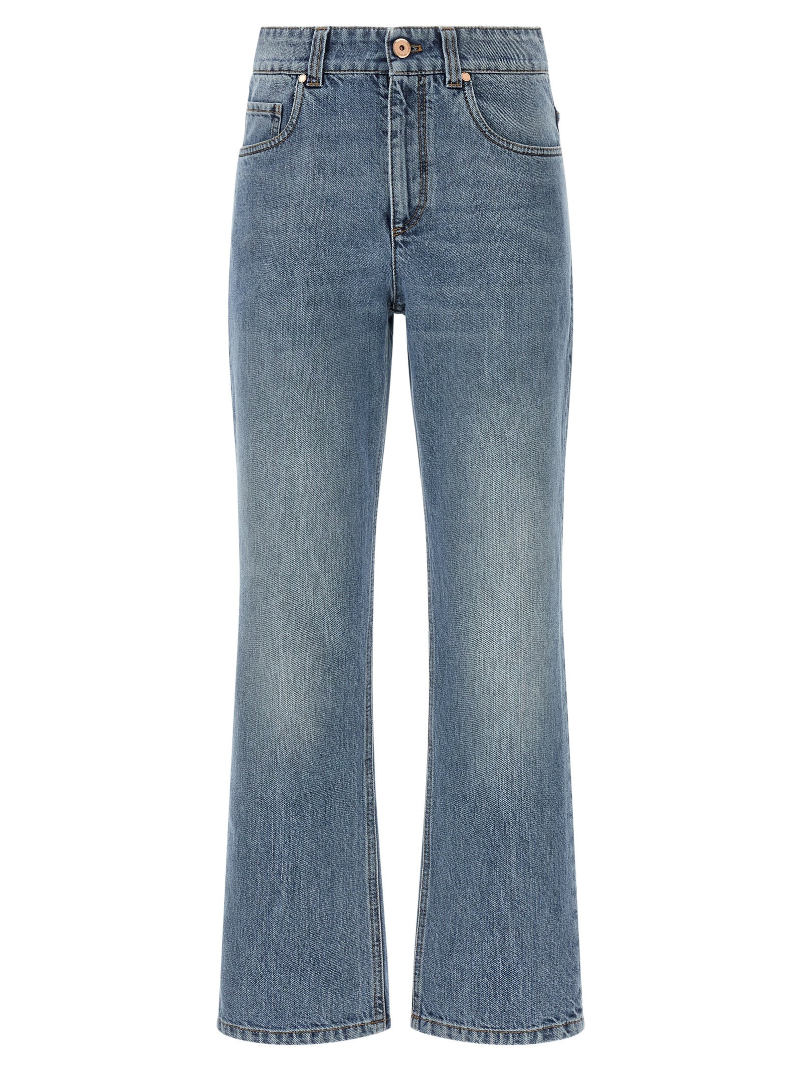 Jeans by Brunello Cucinelli for women in stretch cotton denim & leather blue, brown & copper presents a refined pantology silhouette, artfully defined by a refined pantology straight-leg, relaxed-fit & cropped, cropped, and a sophisticated .