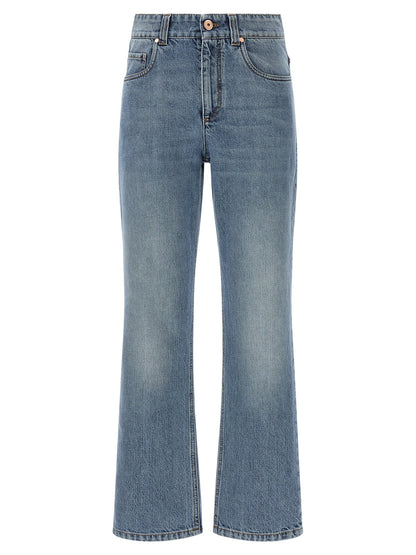 Jeans by Brunello Cucinelli for women in stretch cotton denim & leather blue, brown & copper presents a refined pantology silhouette, artfully defined by a refined pantology straight-leg, relaxed-fit & cropped, cropped, and a sophisticated .