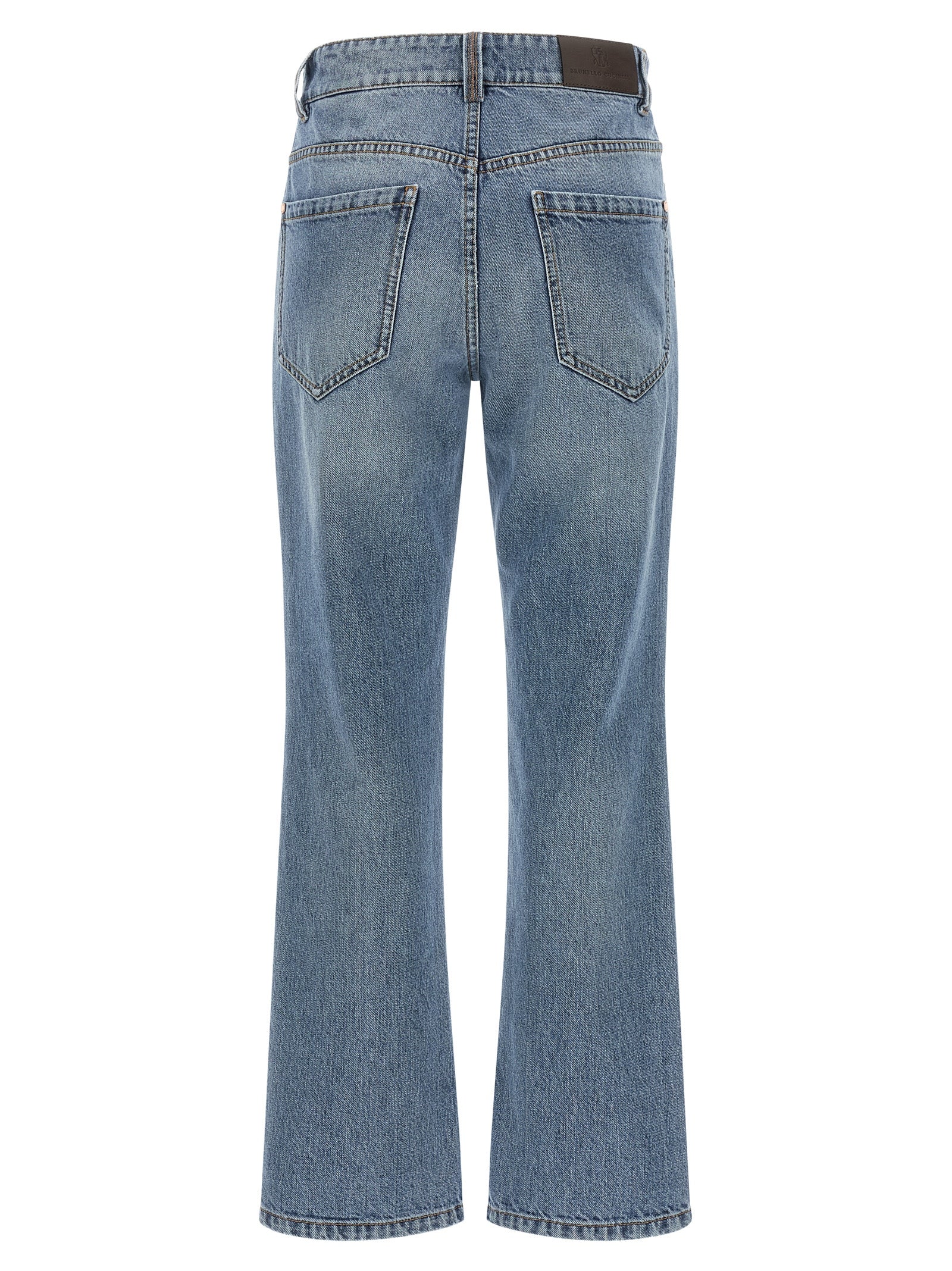 Jeans by Brunello Cucinelli for women in stretch cotton denim & leather blue, brown & copper features an refined tailoring silhouette, showcasing a premium straight-leg, relaxed-fit & cropped with a and cropped cut for a refined tailoring look.