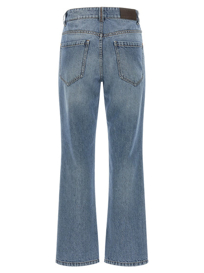 Jeans by Brunello Cucinelli for women in stretch cotton denim & leather blue, brown & copper features an refined tailoring silhouette, showcasing a premium straight-leg, relaxed-fit & cropped with a and cropped cut for a refined tailoring look.