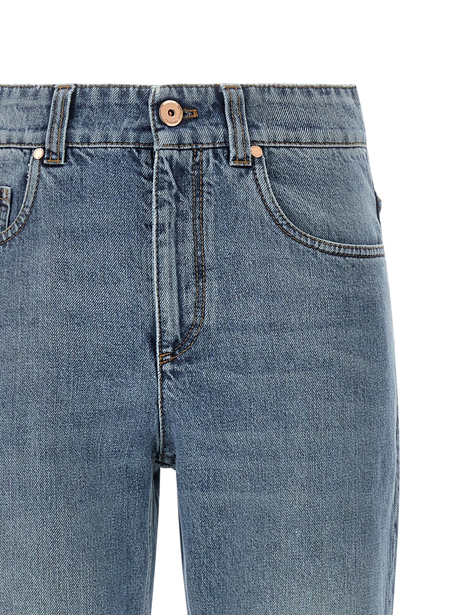 Jeans by Brunello Cucinelli for women in stretch cotton denim & leather blue, brown & copper features an refined tailoring silhouette, showcasing a premium straight-leg, relaxed-fit & cropped with a and cropped cut for a refined tailoring look.