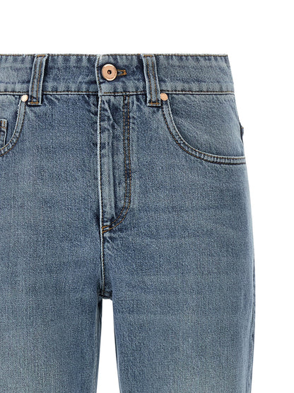 Jeans by Brunello Cucinelli for women in stretch cotton denim & leather blue, brown & copper features an refined tailoring silhouette, showcasing a premium straight-leg, relaxed-fit & cropped with a and cropped cut for a refined tailoring look.