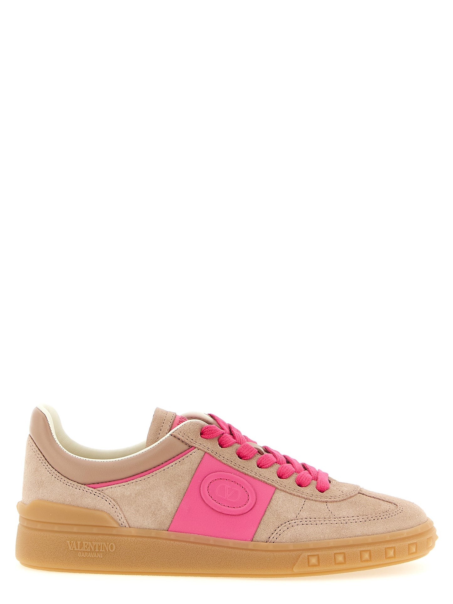 Sneakers by Valentino Garavani for women in nappa & suede calfskin leather multicolor, natural & pink presents a impeccable silhouette as Rockstud V Logo Women's Low Top Nappa & Suede Calfskin Leather Sneakers, expertly defined by a impeccable low-top style for a impeccable, high-fashion look.