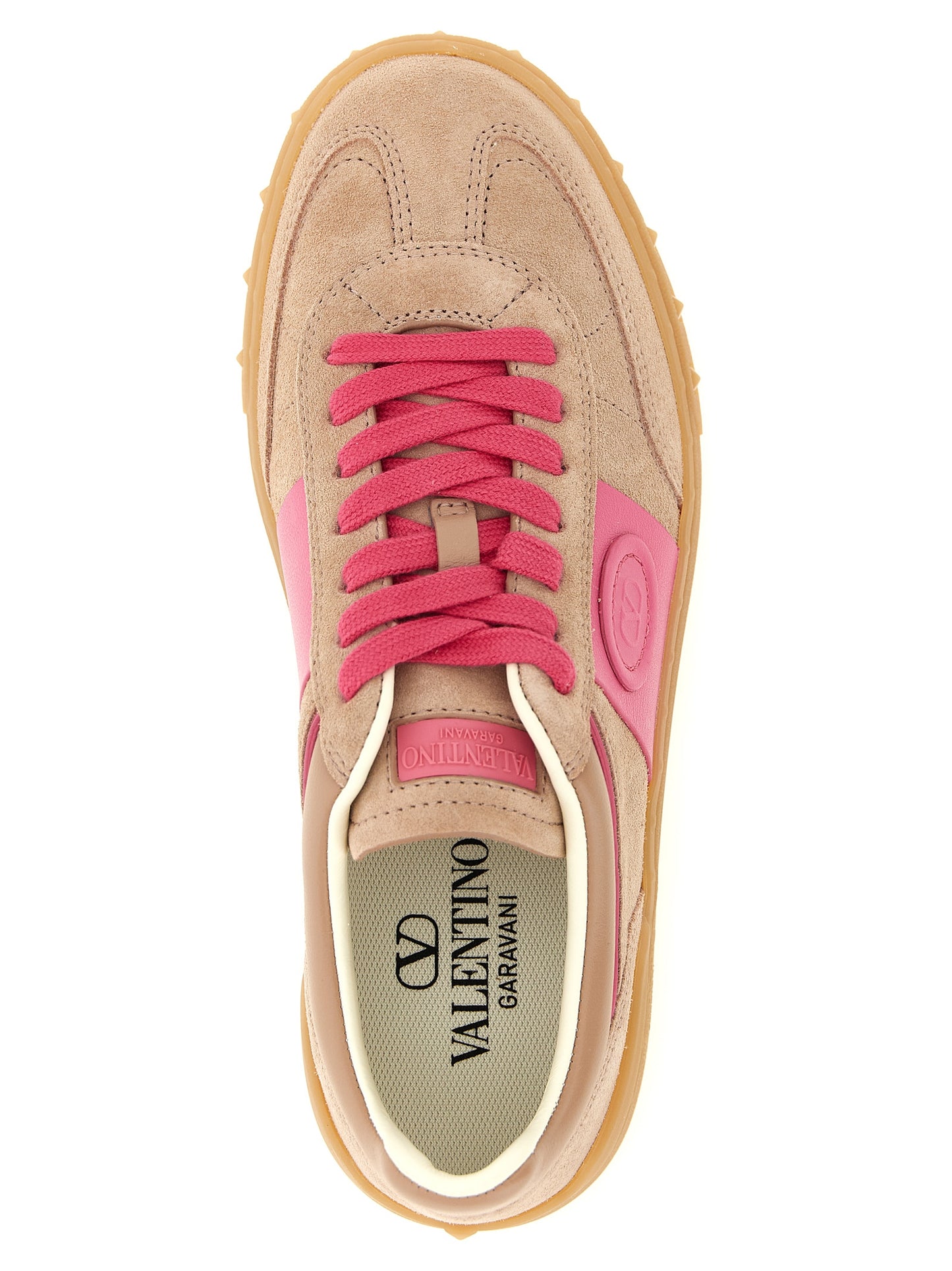Sneakers by Valentino Garavani for women in nappa & suede calfskin leather multicolor, natural & pink presents a sumptuous silhouette, artfully capturing the essence of the Rockstud V Logo Women's Low Top Nappa & Suede Calfskin Leather Sneakers with its sumptuous low-top style design.