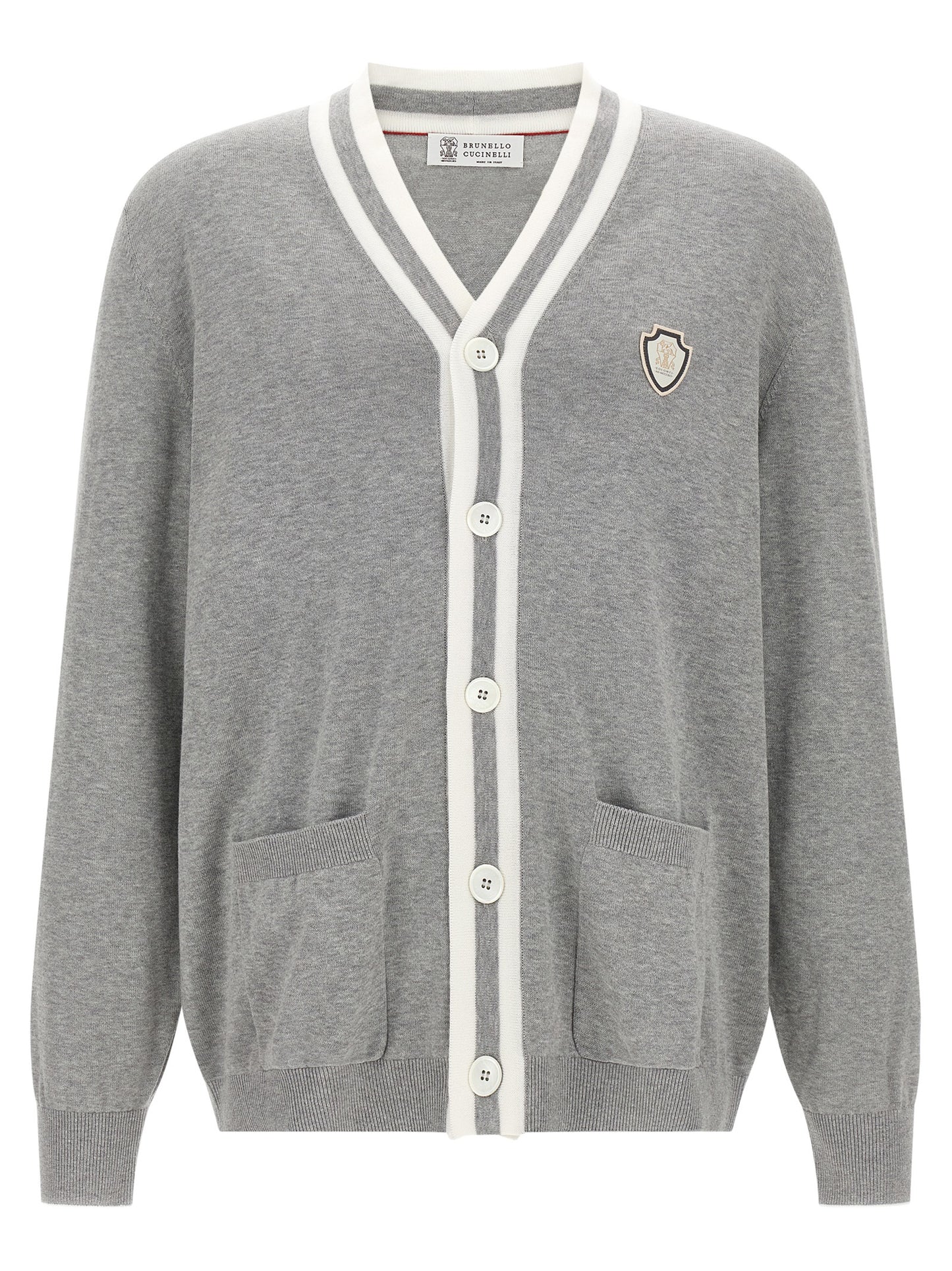 Cardigan by Brunello Cucinelli for men in cotton gray, pearl & white features an crisp silhouette, showcasing a sophisticated v-neck neckline and detail for a truly crisp finish.